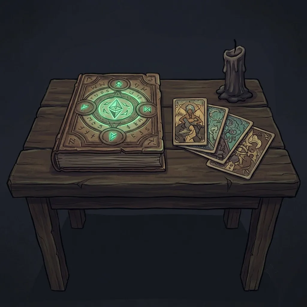 A rune-carved grimoire, worn cards, and a black candle on a wooden table